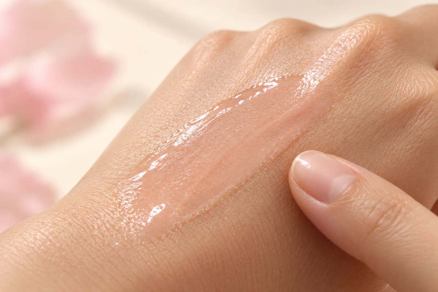 A thin spread of translucent pale pink serum on the back of a hand, with natural skin lines and pores visible. Application texture illustration, not an effectiveness comparison.