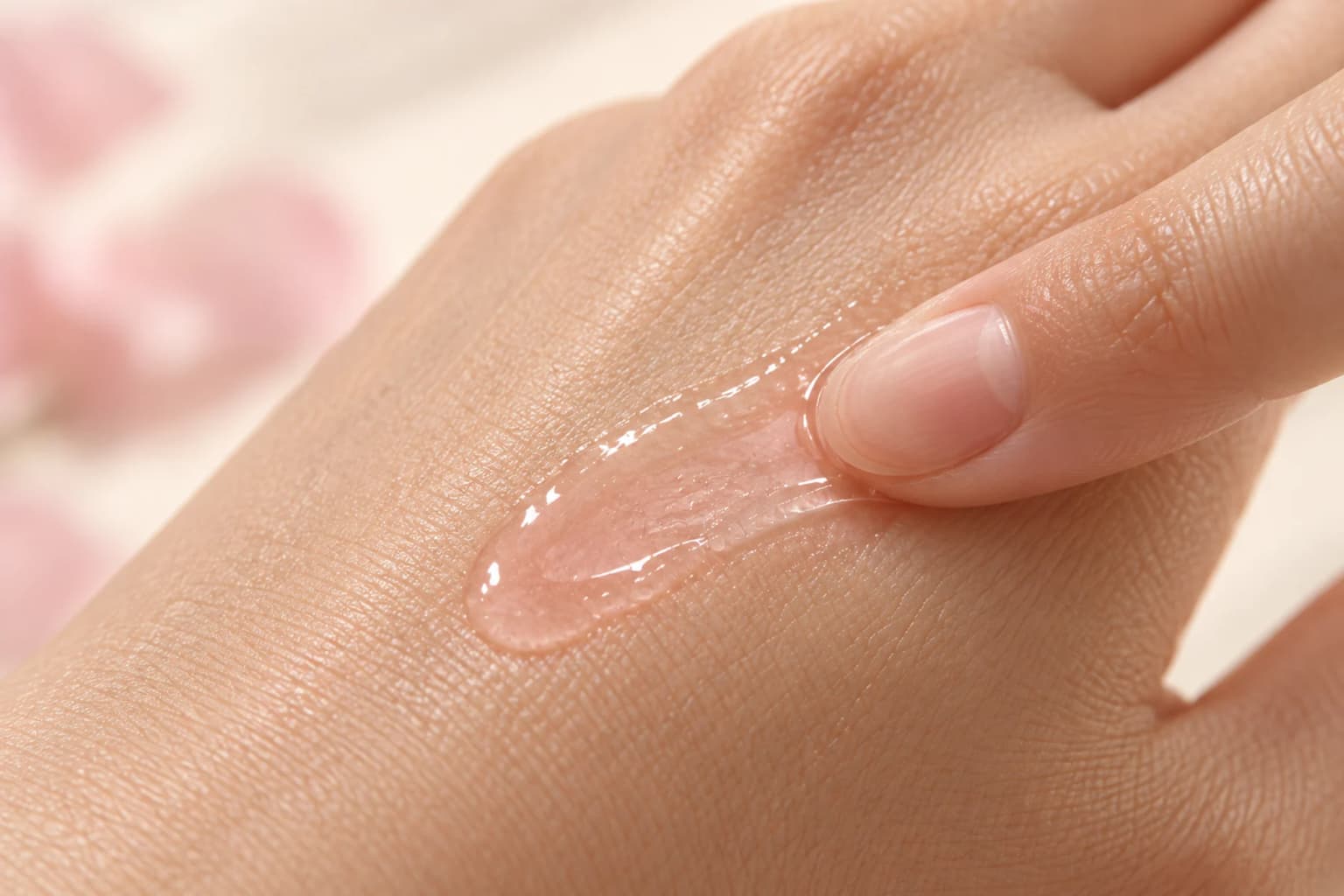 A clean fingertip spreading translucent pale pink serum over the back of a naturally textured hand. Editorial illustration.