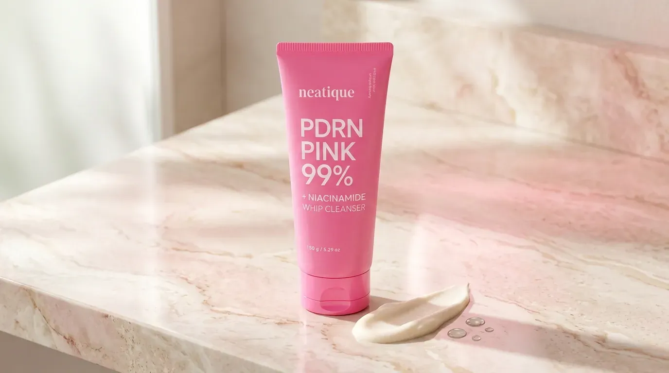 Neatique PDRN Pink 99% + Niacinamide Whip Cleanser beside a ribbon of creamy foam on an ivory vanity.