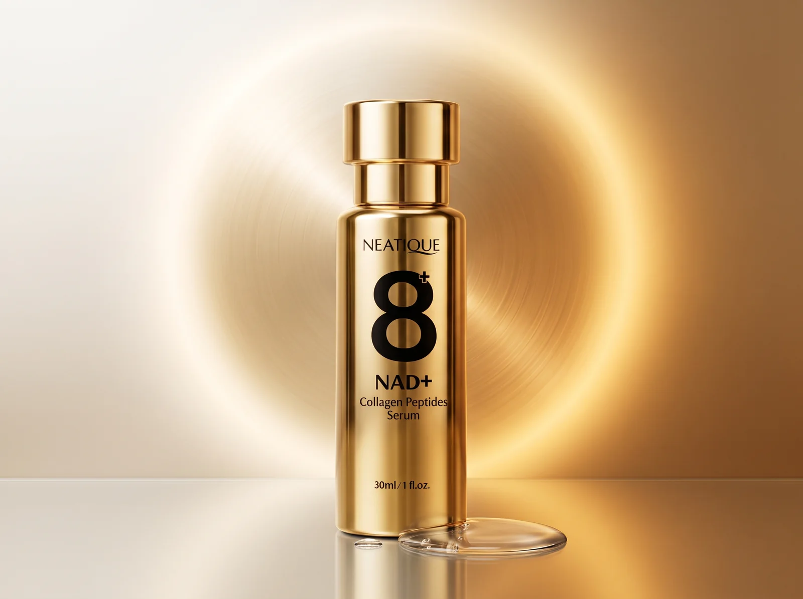 Neatique NAD+ collagen peptide serum in warm morning-to-evening editorial lighting.