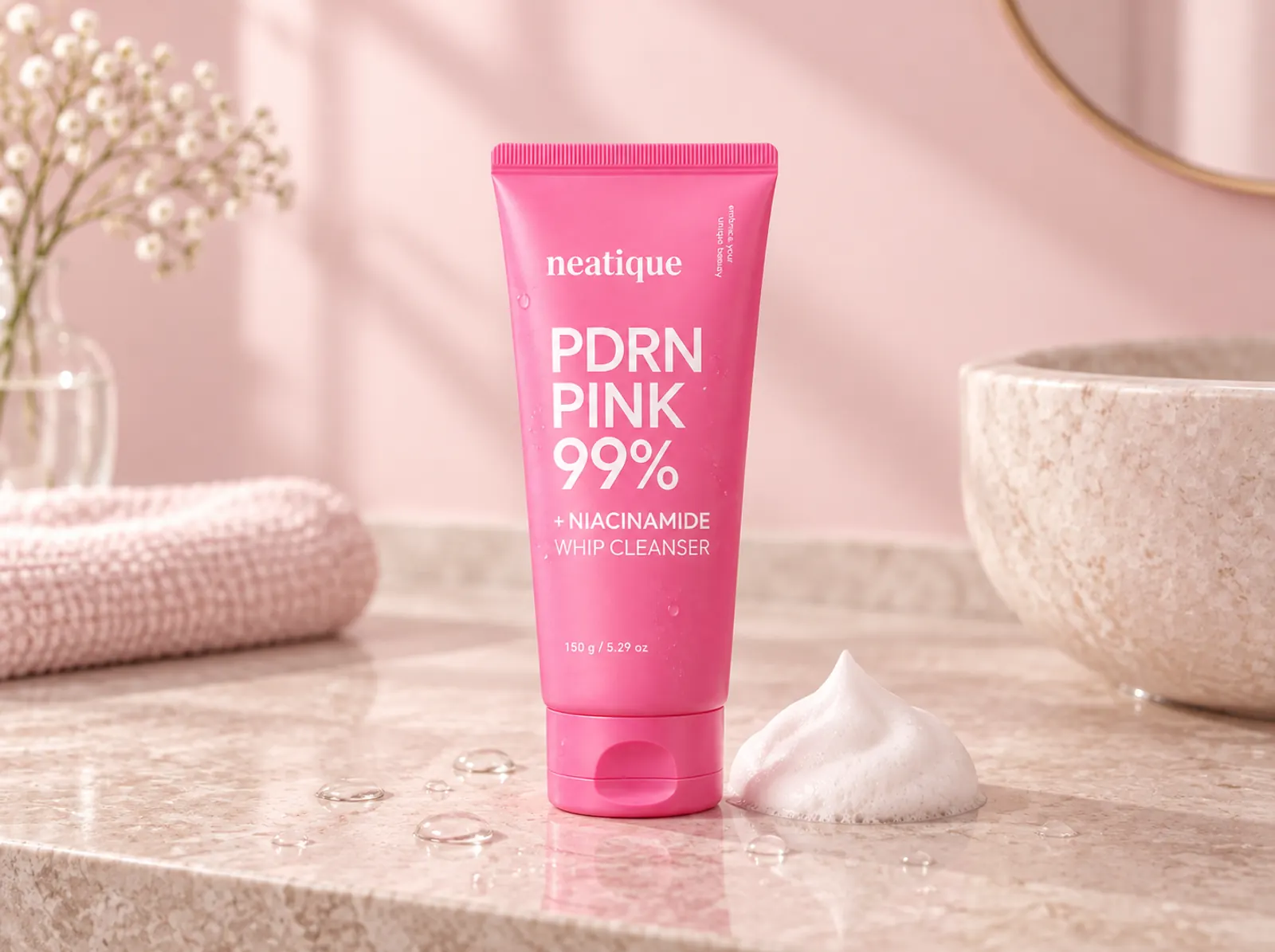 Complete 150 g Neatique PDRN Pink 99% and Niacinamide Whip Cleanser tube beside a small dollop of cleansing foam.