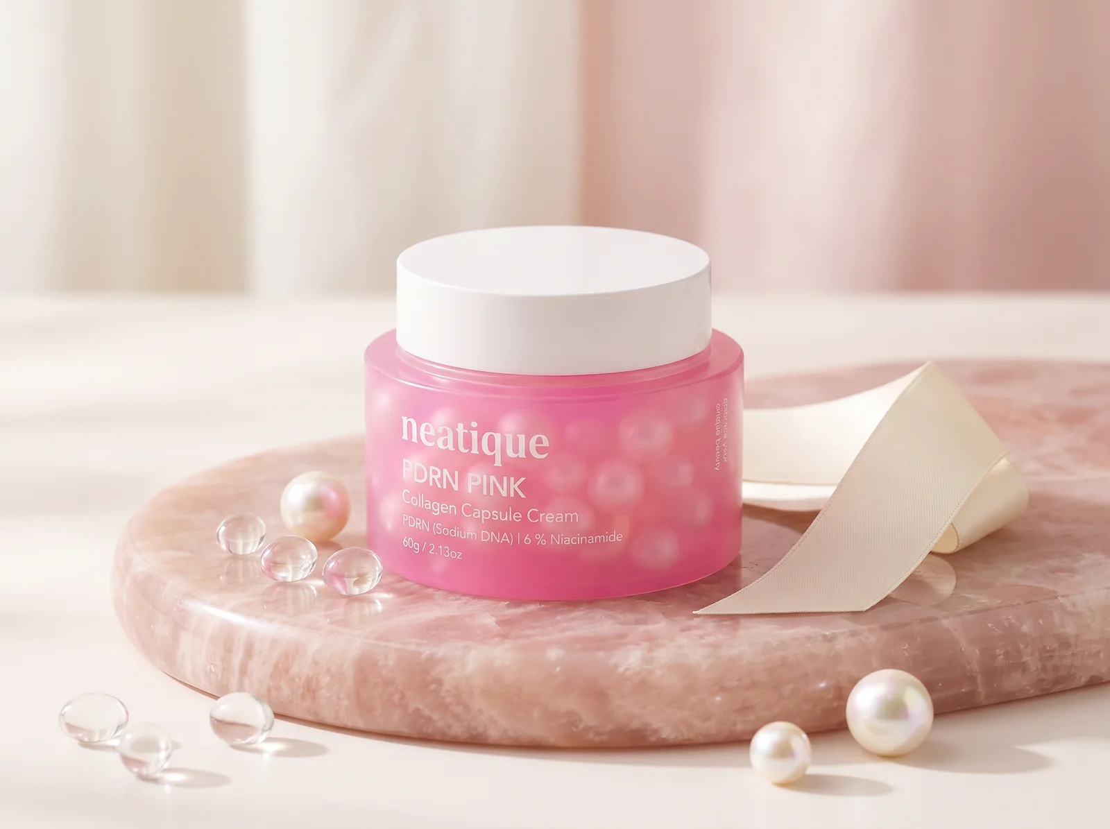 Neatique PDRN Pink Collagen Capsule Cream with moisture beads in a calm blush routine setting.