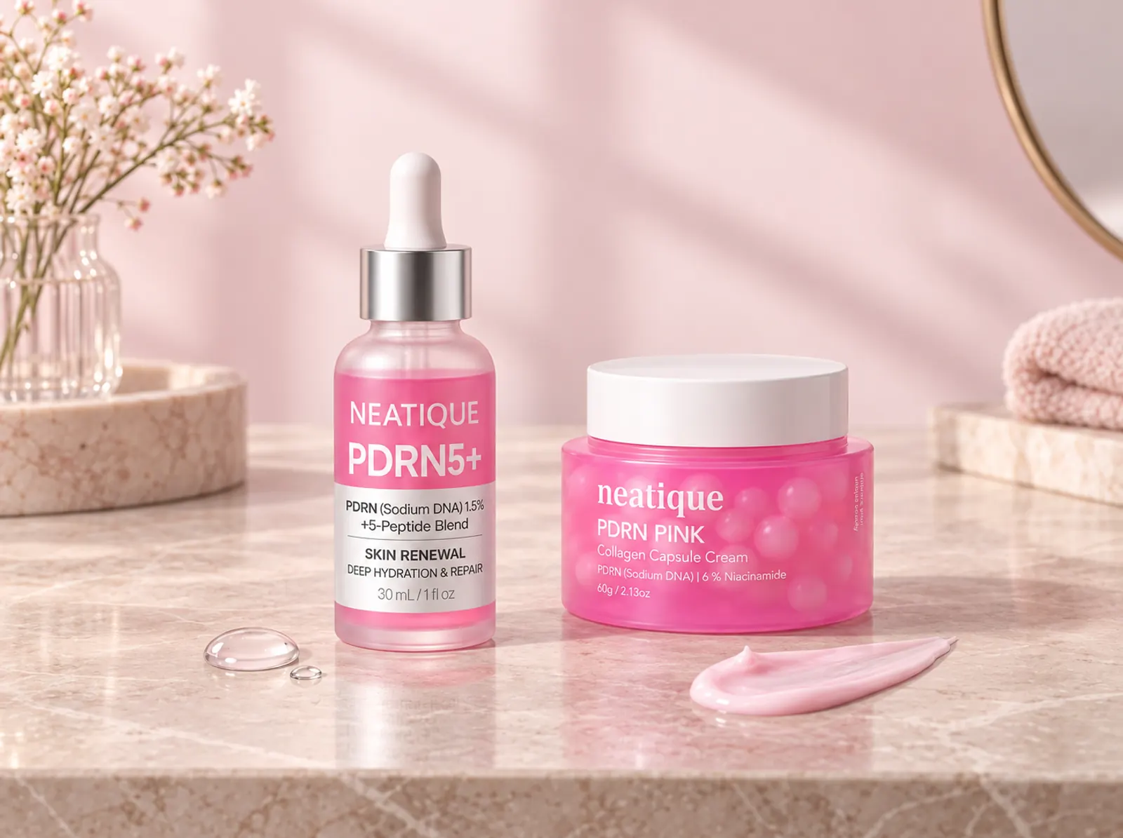 Complete Neatique PDRN5+ Serum bottle and PDRN Pink Collagen Capsule Cream jar arranged for a serum-before-cream routine.