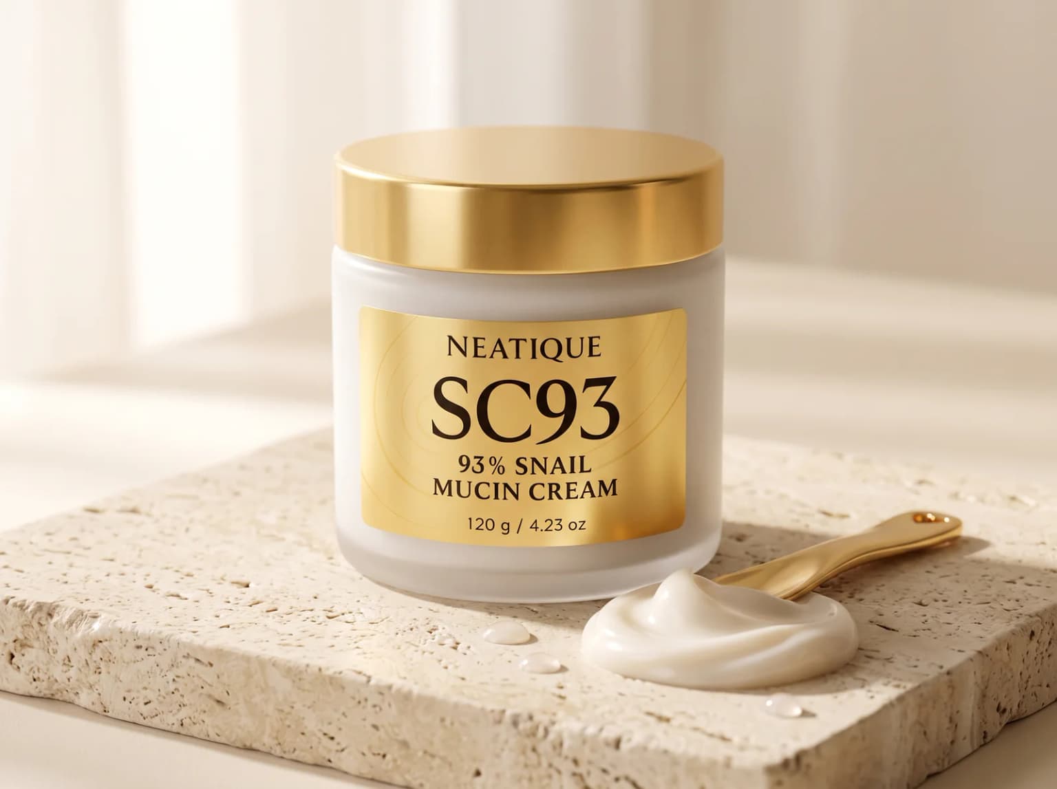 Neatique SC93 snail mucin cream with a plush cream swirl and gold spatula.