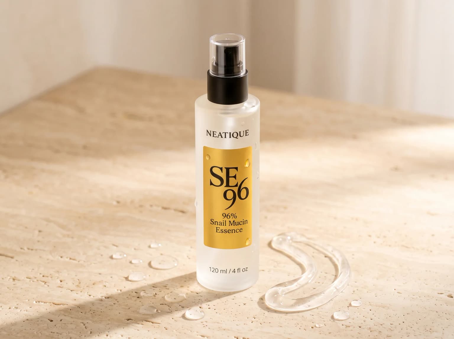 Neatique SE96 snail mucin serum with translucent hydrating essence on warm ivory stone.
