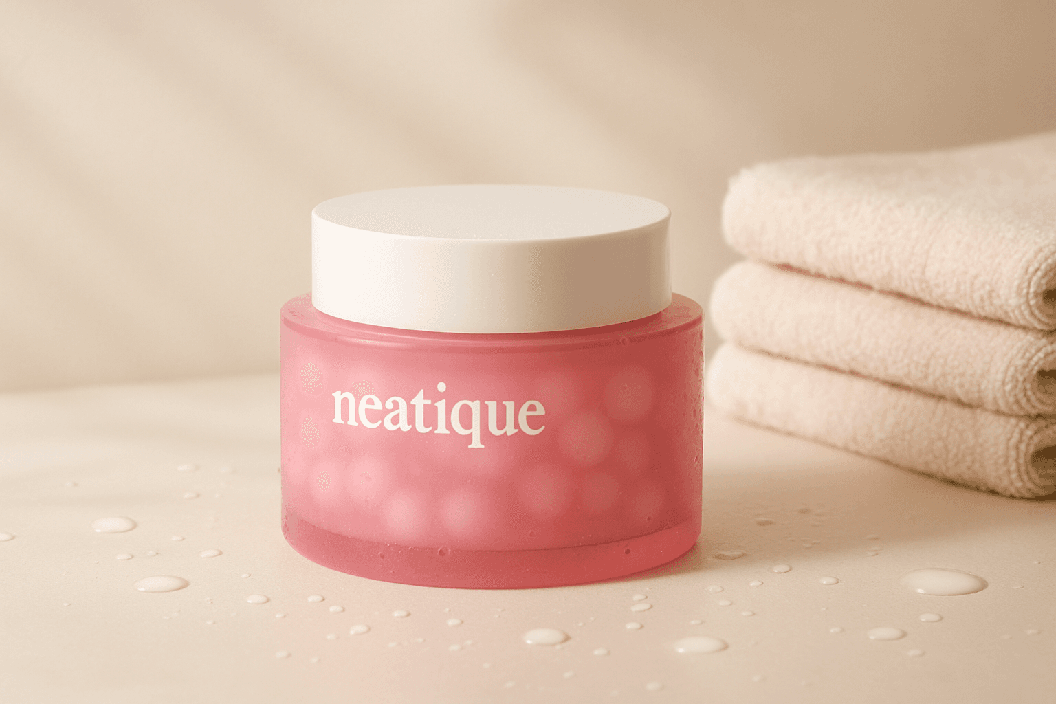 Editorial skincare flat lay featuring a creamy white moisturizer jar, soft neutral towels, and dewy skin-inspired textures on a clean beige-