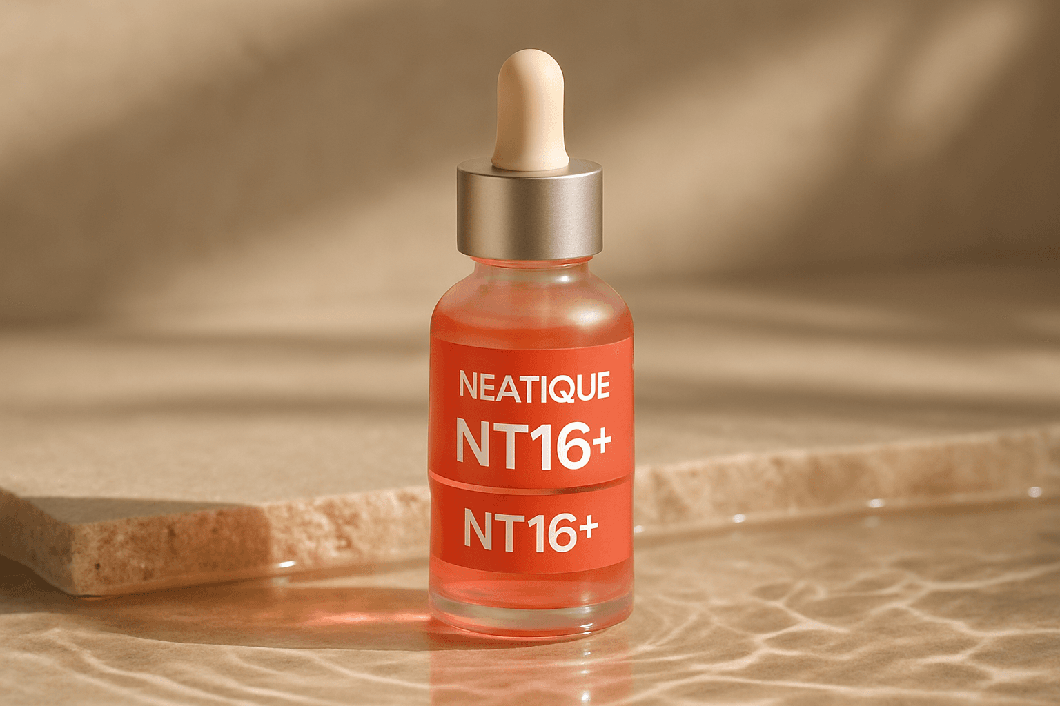 Premium editorial skincare flat lay with a niacinamide serum bottle, soft neutral stone background, gentle morning light, and no text on the
