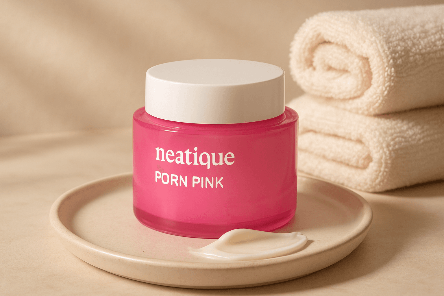 Premium editorial skincare scene featuring a creamy white moisturizer jar with soft towels, warm natural light, and a clean minimalist spa-l