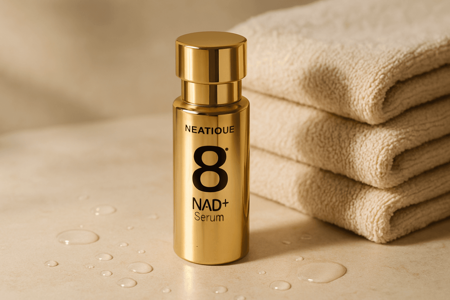 Editorial skincare flat lay featuring a premium peptide serum bottle, soft neutral towels, and fresh morning light with no text