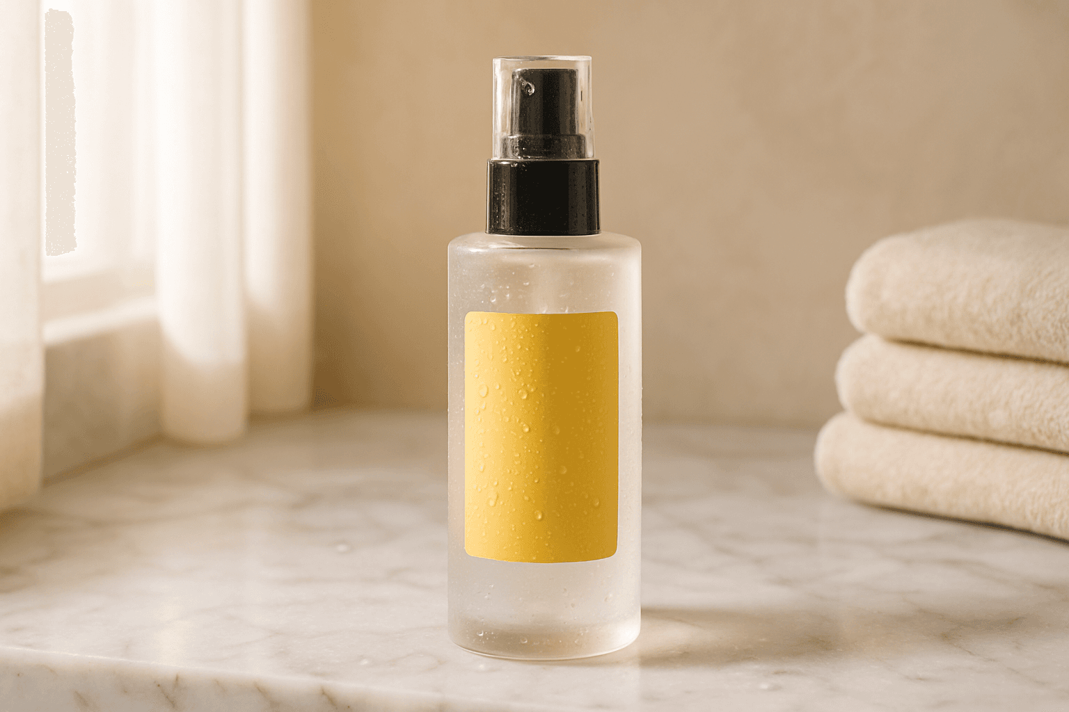 Elegant glass serum bottle with a dewy skincare aesthetic on a soft neutral surface