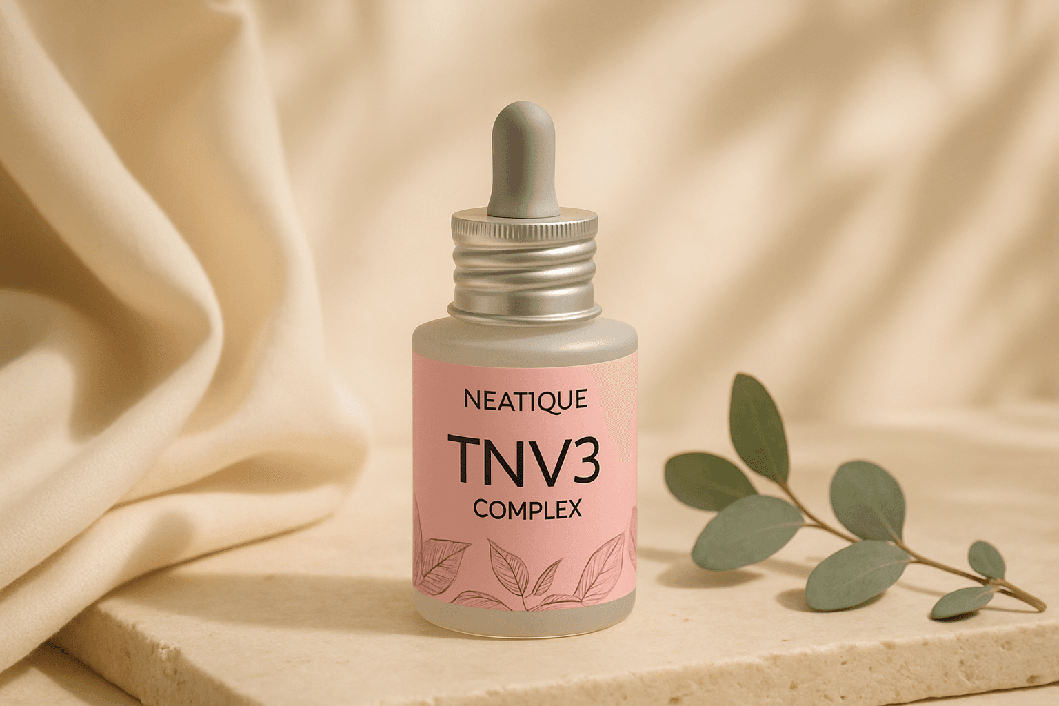 Editorial skincare flat lay with a tranexamic serum bottle, soft cream textiles, and warm natural light
