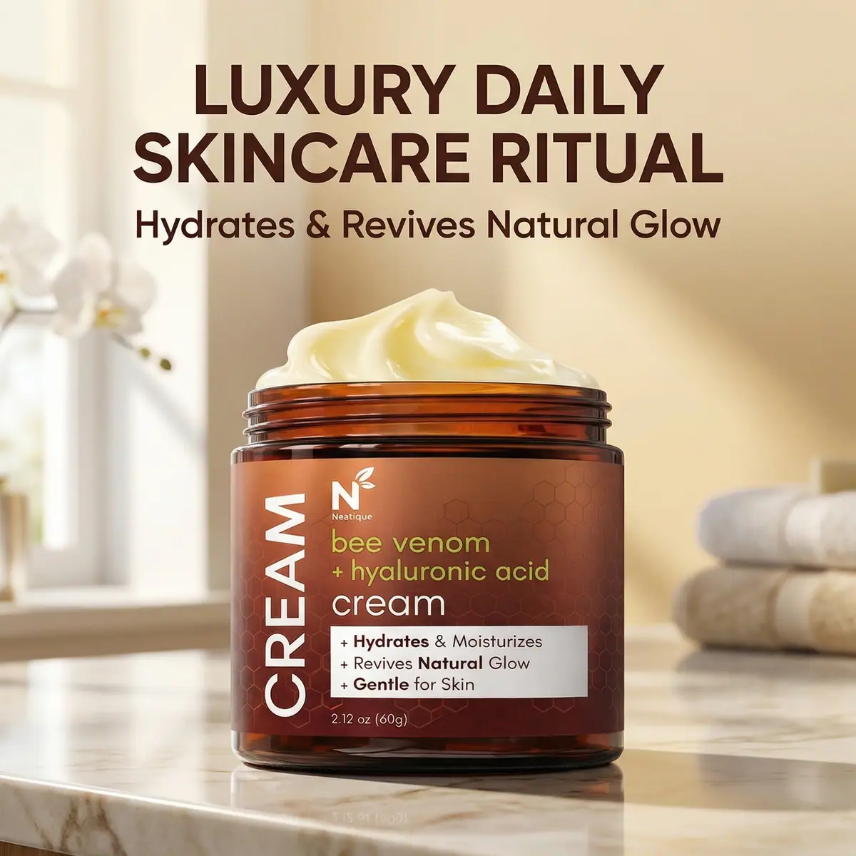 Neatique Bee Venom Body Cream presented in a warm daily body care setting