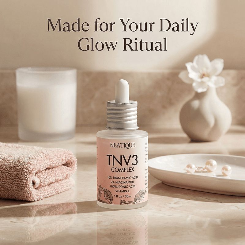Neatique TNV3 serum in a calm morning or evening skincare setting