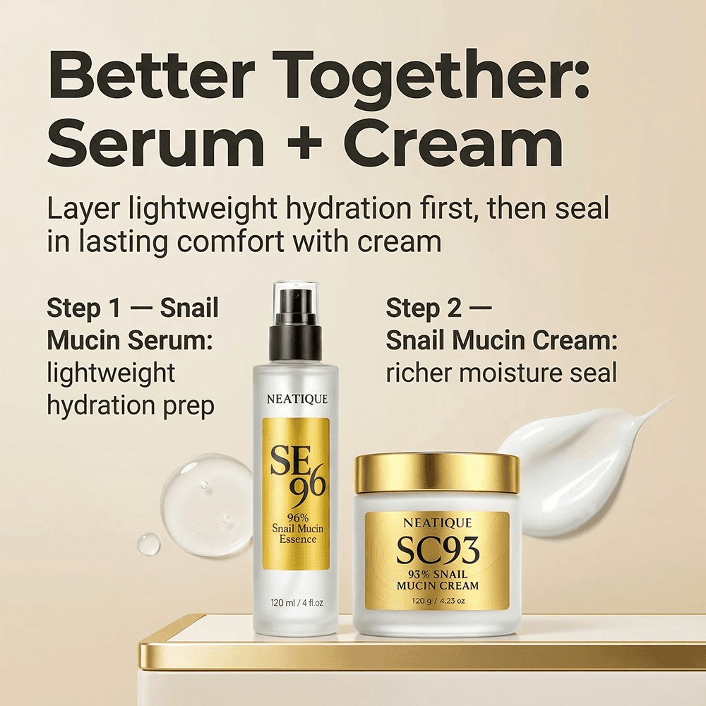 Neatique snail mucin serum and cream shown in their two-step routine order
