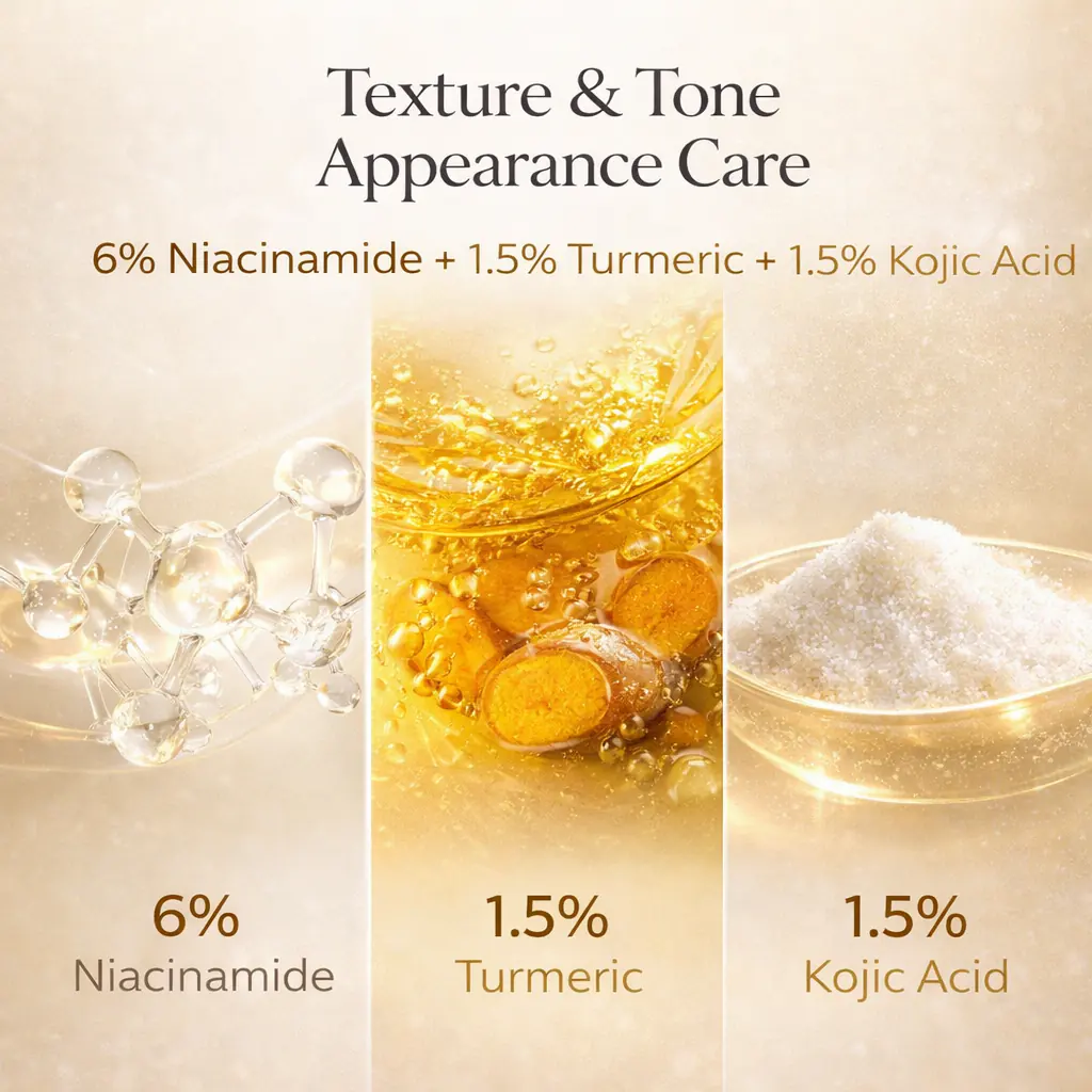 Neatique KIT9+ formula visual with 6% niacinamide, 1.5% turmeric and 1.5% kojic acid