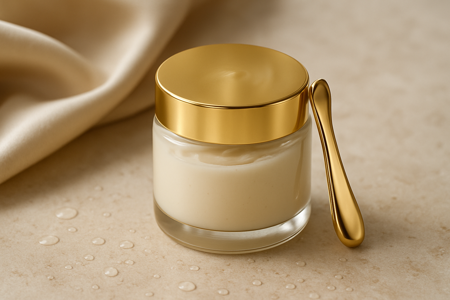 Editorial skincare flat lay featuring a creamy moisturizer jar, soft neutral tones, and dewy textures with no text on the image