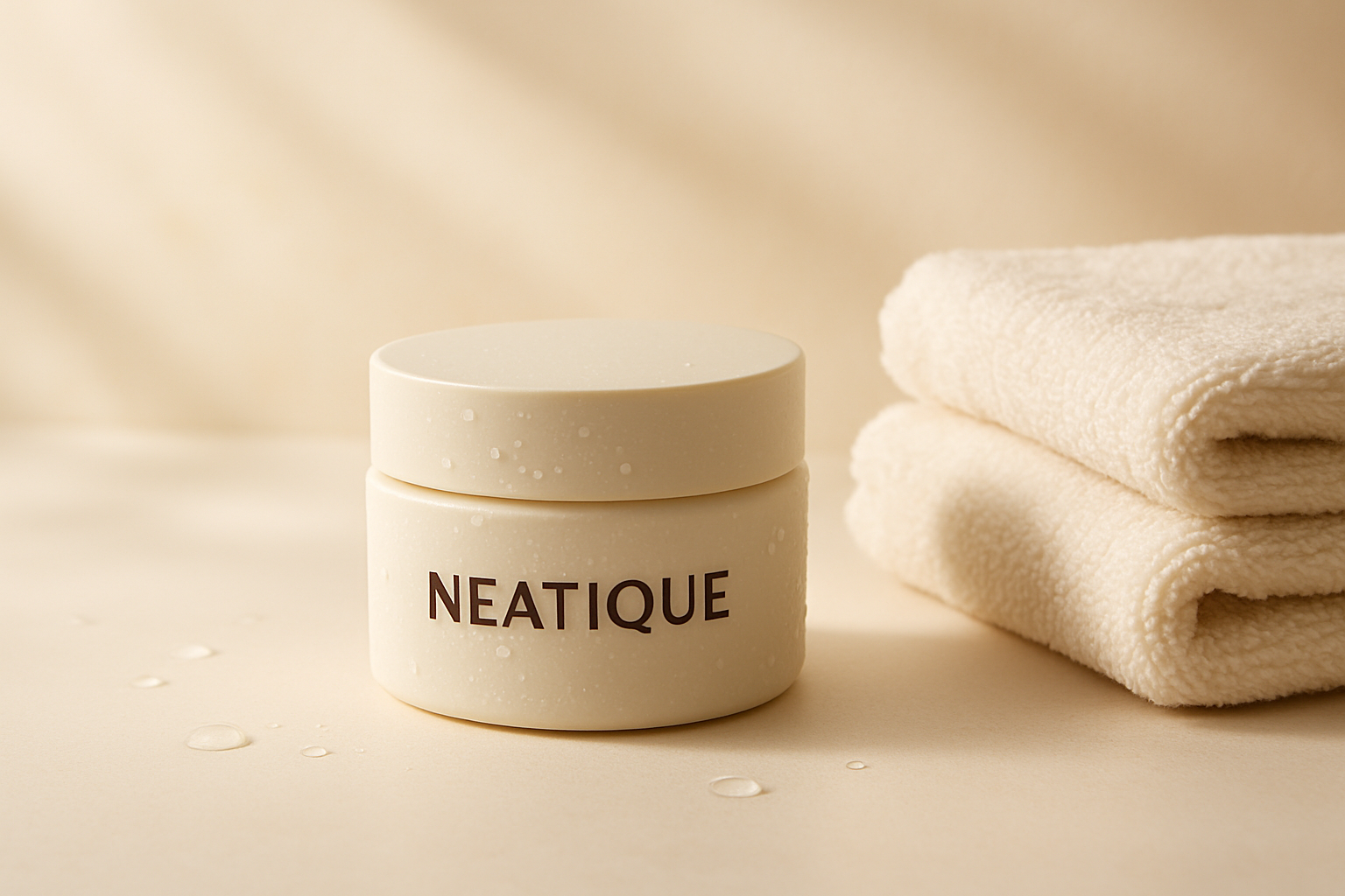 Editorial skincare flat lay featuring a creamy white moisturizer jar, soft neutral towels, and dewy skin-inspired textures on a clean beige-