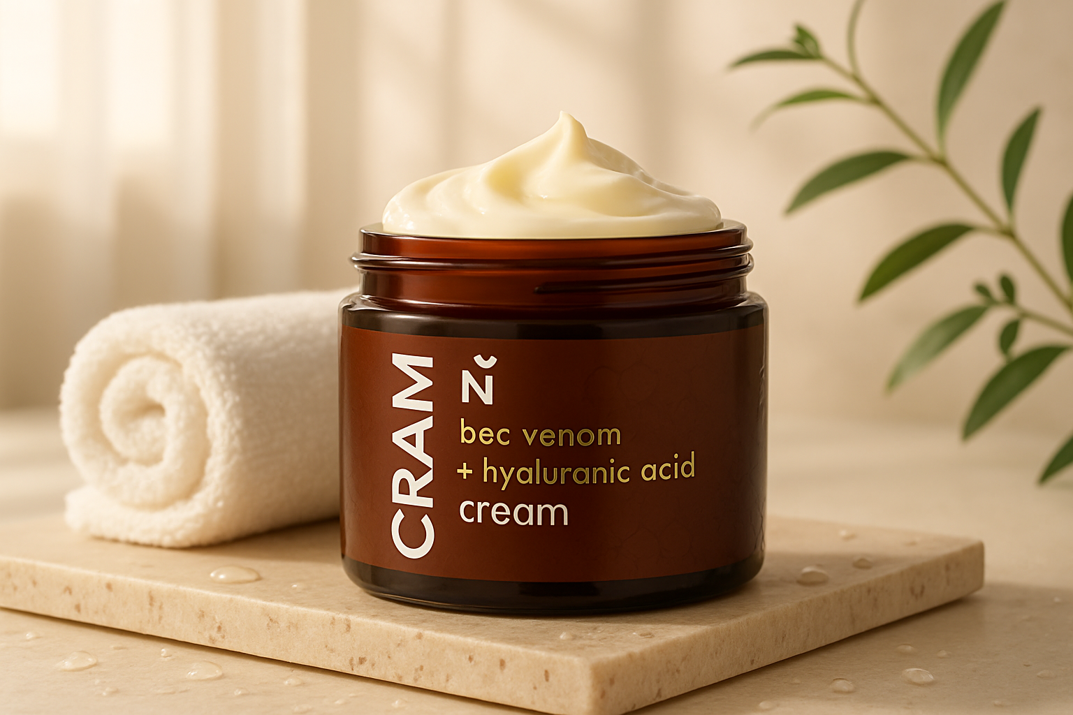 Editorial skincare image of a luxe body cream jar on a soft neutral surface with folded towel, water droplets, and warm natural light