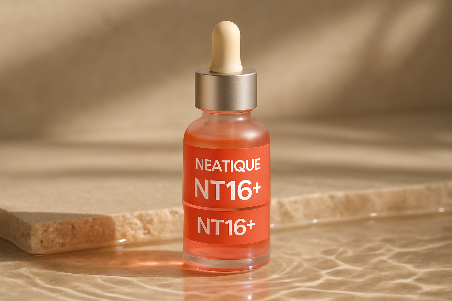 Premium editorial skincare flat lay with a niacinamide serum bottle, soft neutral stone background, gentle morning light, and no text on the