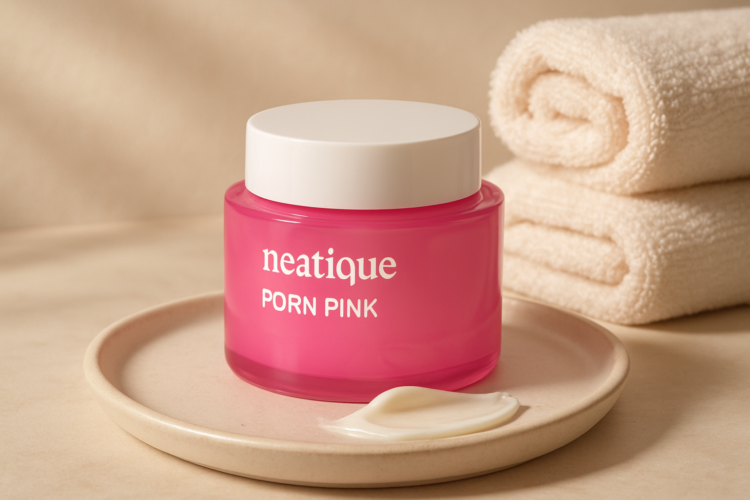 Premium editorial skincare scene featuring a creamy white moisturizer jar with soft towels, warm natural light, and a clean minimalist spa-l