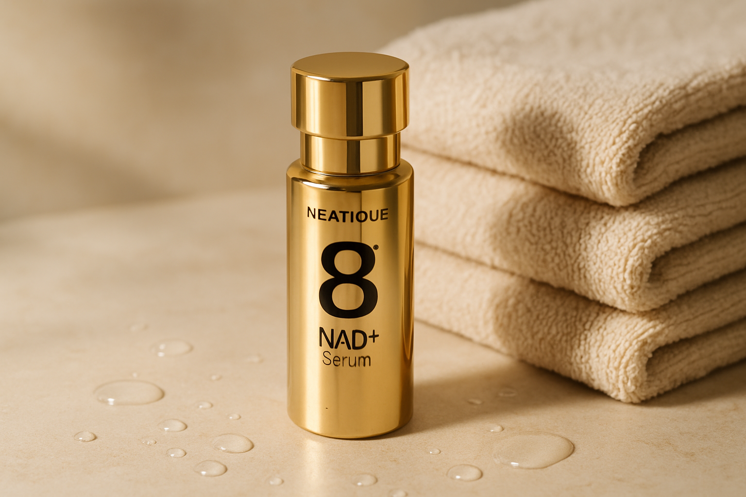 Editorial skincare flat lay featuring a premium peptide serum bottle, soft neutral towels, and fresh morning light with no text