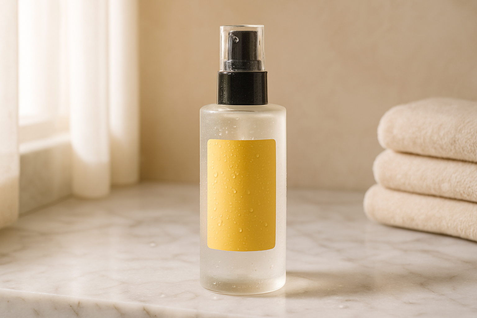 Elegant glass serum bottle with a dewy skincare aesthetic on a soft neutral surface