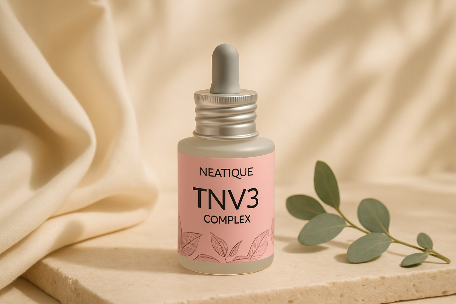 Editorial skincare flat lay with a tranexamic serum bottle, soft cream textiles, and warm natural light