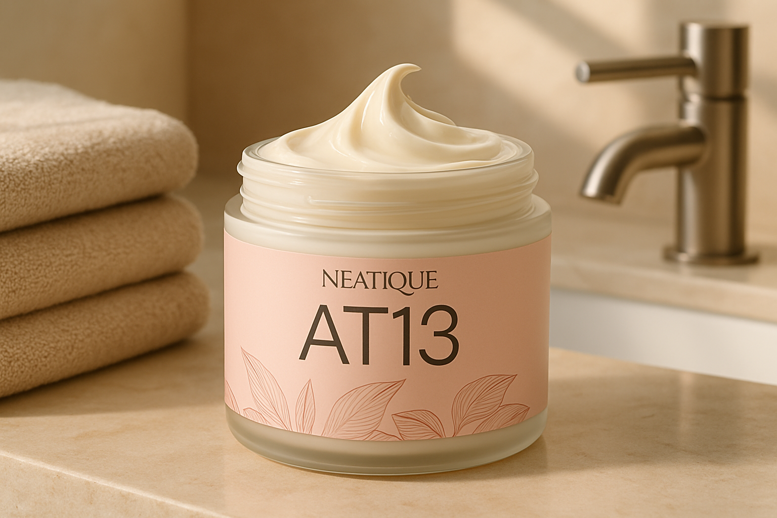 Editorial skincare scene featuring a brightening cream jar, soft beige towels, and fresh minimalist styling with warm natural light