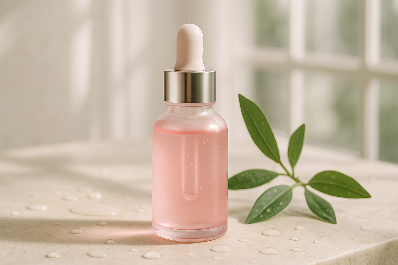 Elegant skincare bottle of PDRN serum on a clean editorial background with soft light and dewy textures