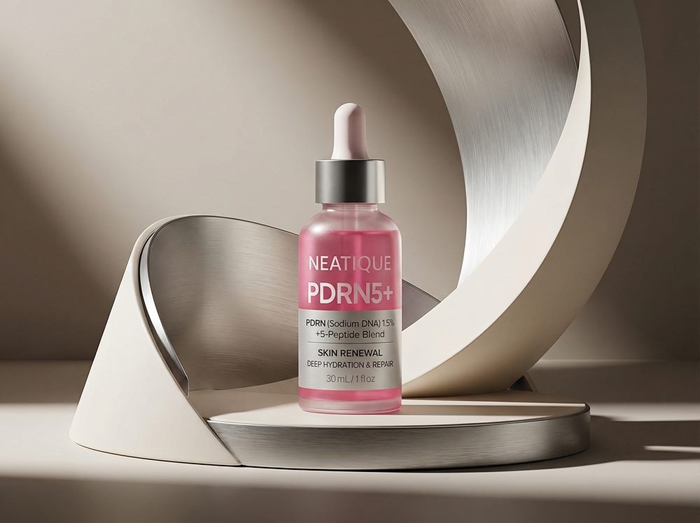 Model applying Neatique PDRN Serum-inspired skincare for a hydrating serum and repair serum for face landing page