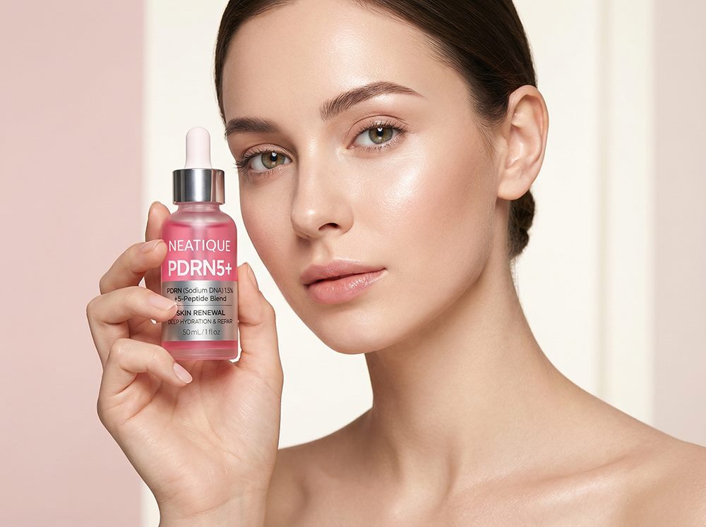 Neatique PDRN Serum bottle in a vanity routine scene for peptide serum for face and moisture barrier serum shoppers